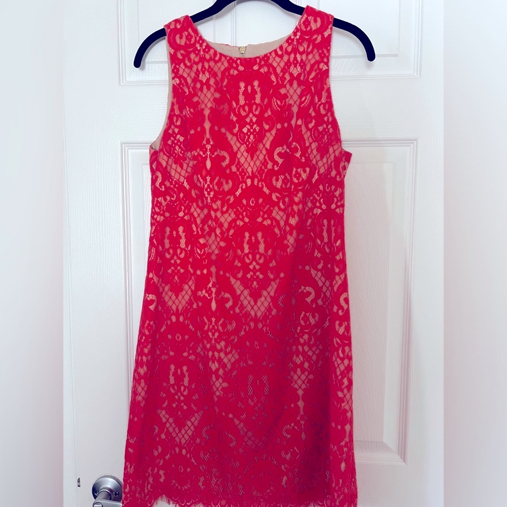 Lace shift dress coral 8 wedding fancy dressy